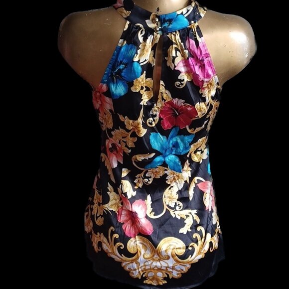 Vintage Cache Silk Beaded Halter Top S Floral Baroque Glam Blouse Flowy - Picture 4 of 12